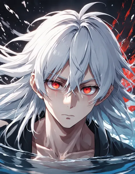 male people，((Masterpiece)), ((Best quality)), Ultra detailed,((illustration)), Dynamic Angle, Detailed light, (Delicate eyes), 1boy, Male focus, white hair, very long hair, red eyes, body immersed in water, mysterious storyline, Vibrant colors, Clear Line...