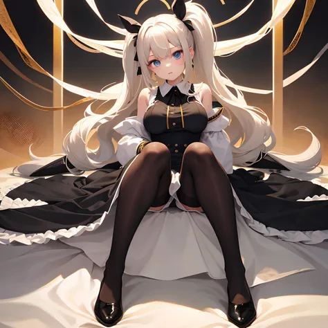 Solo、1girll、doll-joints、full-body portraits、Black pantyhose、Sitting down、White-colored skin、huge tit、Double ponytail、whaite hair、Heterochromatic pupil、Student uniforms