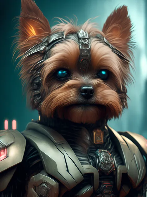 A Yorkshire Terrier (robot) dog as the doomslayer, realistic scifi cyberpunk power armor robot, closeup portrait