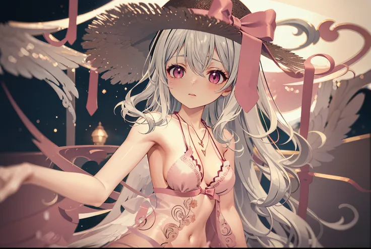 ((Best quality)), ((Masterpiece)), ((Ultra-detailed)), (illustration), (Detailed light), (An extremely delicate and beautiful),A charming young girl,Pink swimsuit,Straw hat top,Swimming,scythe