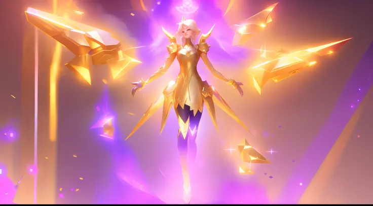 a woman in a gold outfit standing in front of a purple background, mercy ( overwatch ), mercy from overwatch game (2016), lux from league of legends, mercy from overwatch, star guardian inspired, knights of zodiac girl, lux, rossdraws global illumination, ...