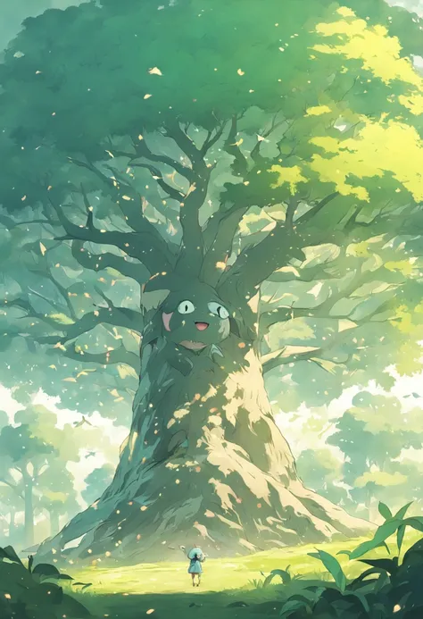 Pokémon, Virtual creatures like trees, Fill the background with white, Q version, Cute, Surreal, Fresh painting