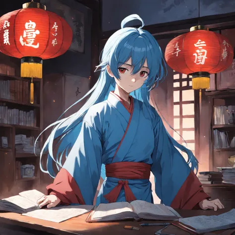 best qualtiy，tmasterpiece，style of anime，Male students in the Republic of China wear light blue tunics，In front of him is a desk，the night，There is a red lantern above the desk。There was a stack of books on the desk，Pen, ink and paper。