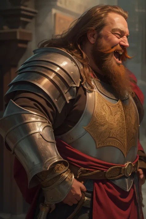 a knight in shining armor, 50 yo, semi body portrait, standing, drunk, strong and fat, laughed expression, crosseyed, long hair, long beard, red beard, (masterpiece), intricate details