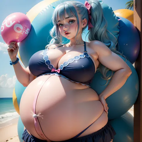 Twintails Hair Bow, blue hair,Big Baby Bump pregnant, bra and underwear, Big boobs, nipple, cum, Big Blue Balloons,16 years girl, Big pregnant Belly, Big Pregnant girl, Largest Belly of Pregnant, Huge Pregnancy, background beach,Huge 9 months Pregnancy Bel...