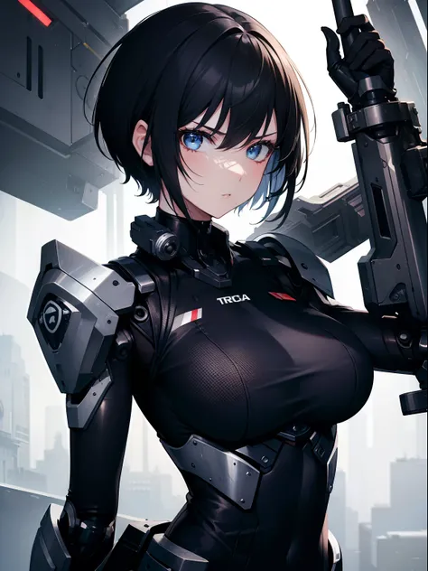 (Masterpiece, Best Quality, Ultra High Resolution), 1girl,mechanical limbs, mechanical arms,officer Uniform,short hair,serious expression, beautiful and detailed face, detailed eyes,in a training camp