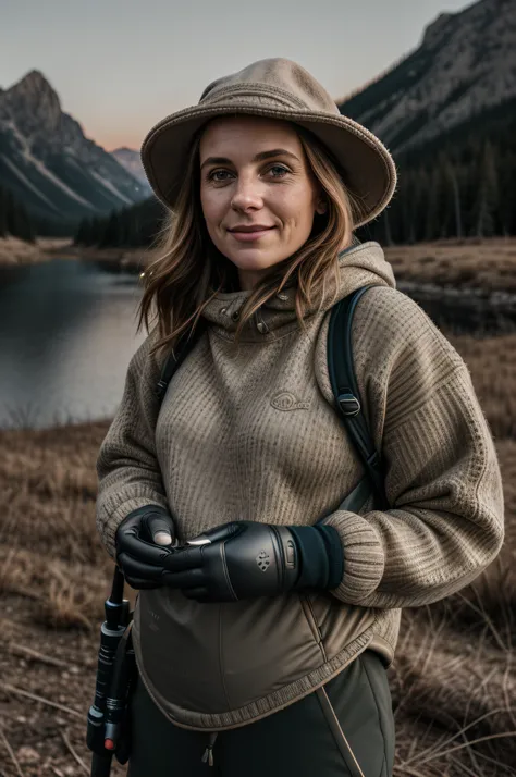 1 woman((upper body selfie, happy)), masterpiece, best quality, ultra-detailed, solo, outdoors, (night), mountains, nature, (stars, moon) cheerful, happy, backpack, sleeping bag, camping stove, water bottle, mountain boots, gloves, sweater, hat, flashlight...