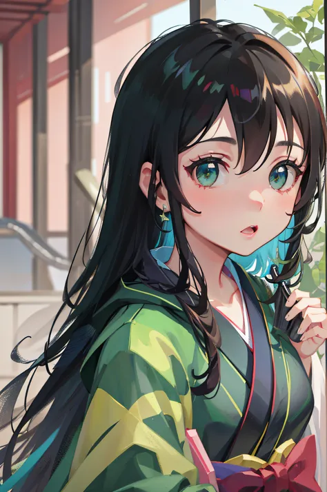 A girl with long black hair，Princess cut，Green eyes，Light green kimono，Slim figure，The expression is cold