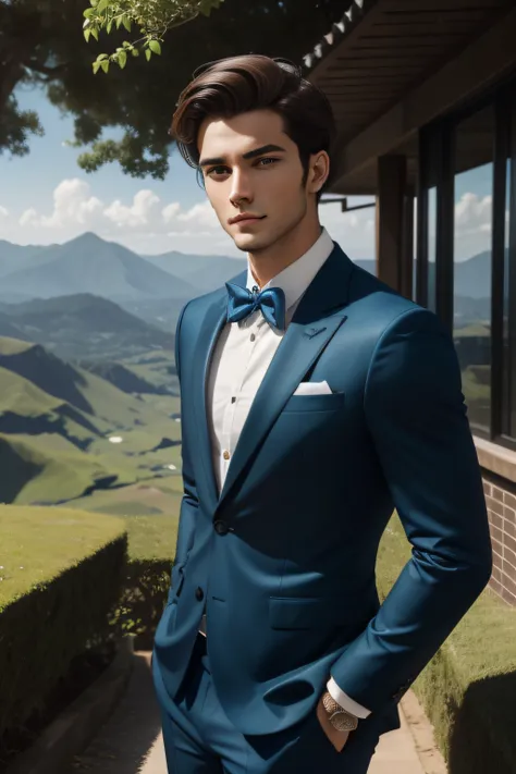 "A stylish and sophisticated 27-year-old man in a dashing blue suit, confidently striking a pose against the tranquil backdrop of a verdant green hill, making eye contact with the camera."