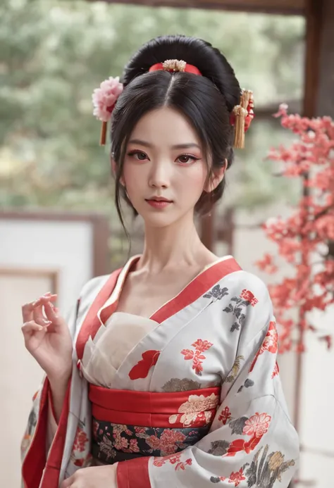 Master Pieces,hyper quality, Hyper Detailed,Perfect drawing,独奏、Beauty in the world、Komono、Japanese dress、Black-haired、Japanese hair、Colorful Japan kimono、Nishijin Ori、Delicate and smart eyes、Half-open lips、sidelong glance、Graceful、Gorgeous、Beautiful、red bl...