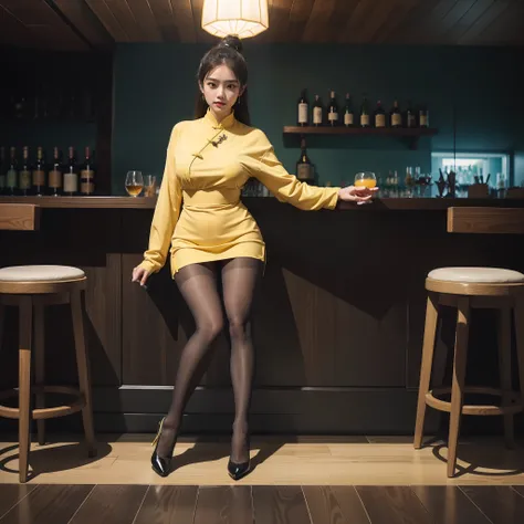 (full body:1.5)，(1girl:1.3),(view the viewer:1.4)，(anatomy correct:1.3),(Sitting at the bar drinking alcohol:1.2),(A yellow Taoist clothing :1.2),( Very thick Lime Pantyhose:1.3),( girl pointed thick heels :1.1)，(Accurate and perfect face:1.3),hyper HD, Ra...