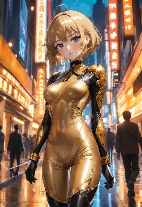 (((Best Quality))), (((masutepiece))), Solo, Super Fine Photo, full body picture Unreal Engine 5 8K UHD, Beautiful Girl, Details of face, Wearing a gold lace skin tight latex catsuit, latex collar, Latex Gloves, Latex long socks with strap, arm and leg cuf...