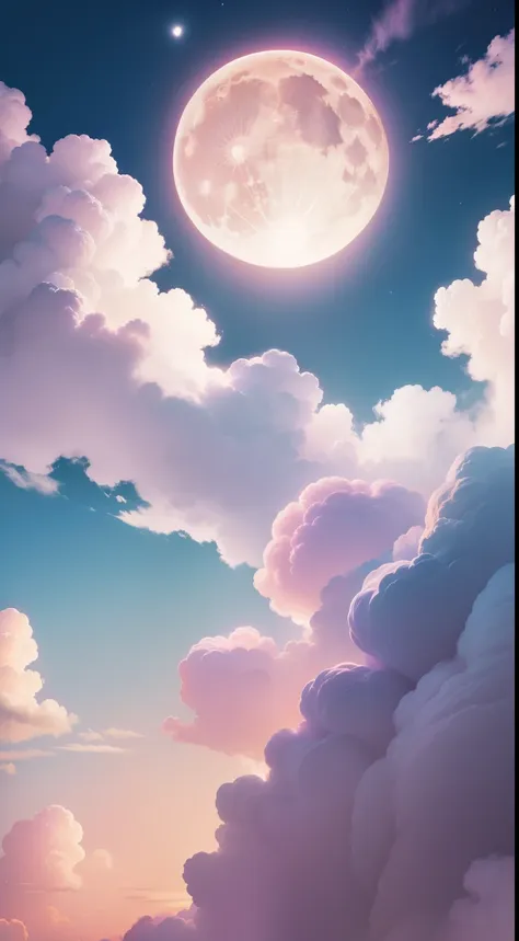 pale pink-yellow clouds，float in a lilac sky，the pale yellow full moon is large and bright in the middle of the sky