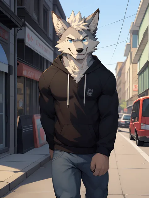 anime big breast：Stylistic photo of a strong wolf with blue eyes walking around the street，Fluffy chest，anthro wolf，Hairy hair，Anime werewolf，A high resolution，male people，Handsome，anthropomorphic turtle，Handsome clothes，smiling at her lips，White sweatshir...