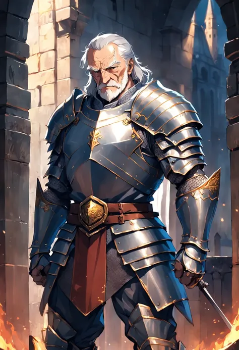 old man knight, armored, castle background, muscular, pectoral