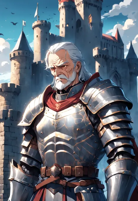 old man knight, armored, castle background, muscular, pectoral