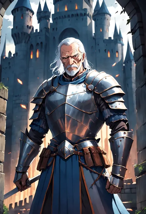 old man knight, armored, castle background, muscular, pectoral