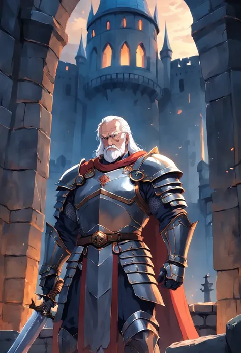 old man knight, armored, castle background, muscular, pectoral