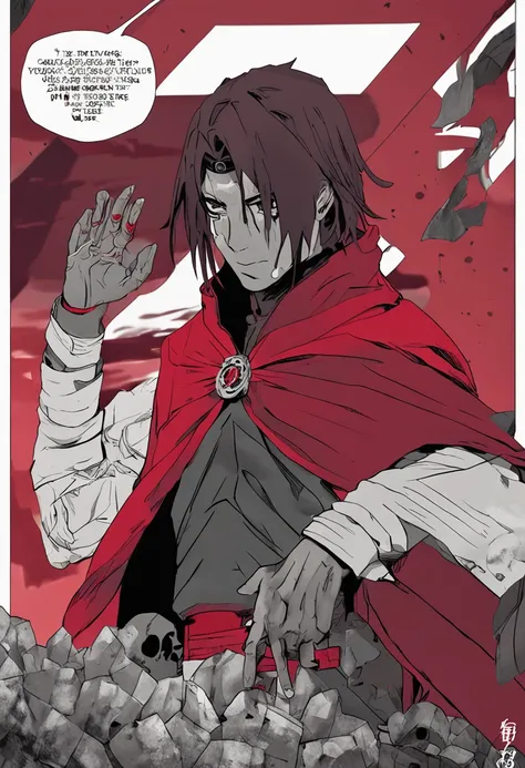 (masterpiece, best quality:1.2), red theme, solo, male focus, 1boy, uchiha itachi, expressionless, closed mouth, looking at viewer, forehead protector, ninja, cloak, high collar, jewelry, necklace