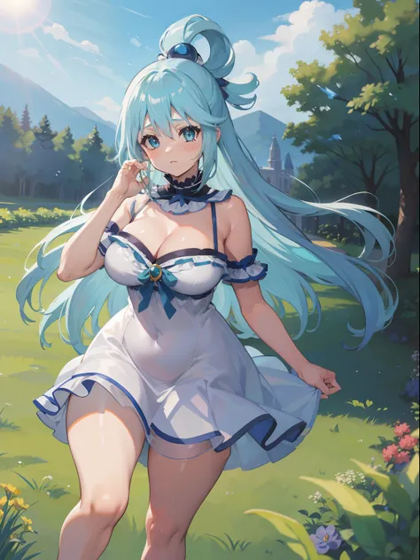 Aqua , konosuba, chubby curvy body, light blue long hairs, blue eye, grass field back ground, standing, facing viewer, nightie dress