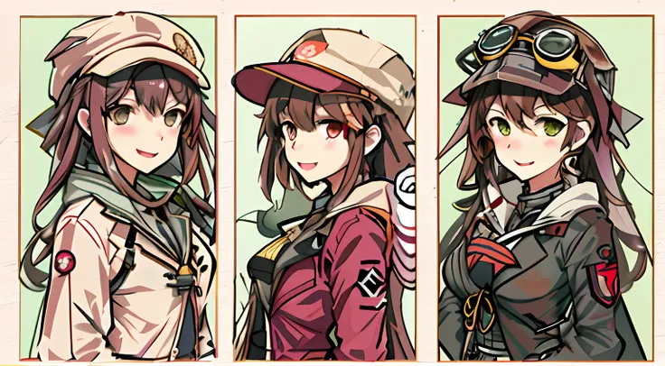 Three different photographs of a woman wearing a hat and jacket, Kantai collection style, girls frontline style, Character artwork, Kawasi, from girls frontline, by Kamagurka, Official artwork, character profile art, kancolle, Pixiv style, Fine details. Gi...