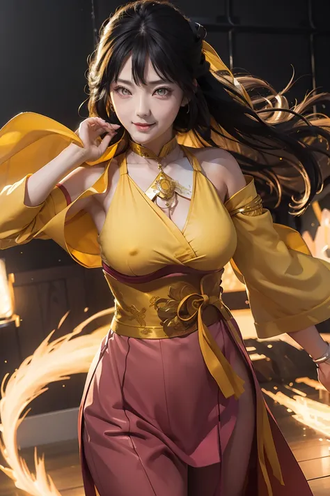 1girl, hyuga hanabi, long hair, sexy dress, black hair, white eyes, smile, beautiful, yellow clothes, very big breast, sexy clothes, indoor wallpaper, wallpaper realistic, wallpaper detail, indoor background, ultra detail, realistic