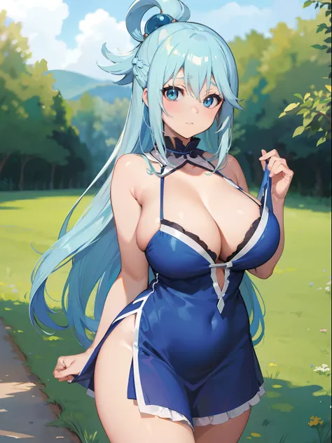 Aqua , konosuba, chubby curvy body, light blue long hairs, blue eye, grass field back ground, standing, facing viewer, nightie dress, no panties, no bra