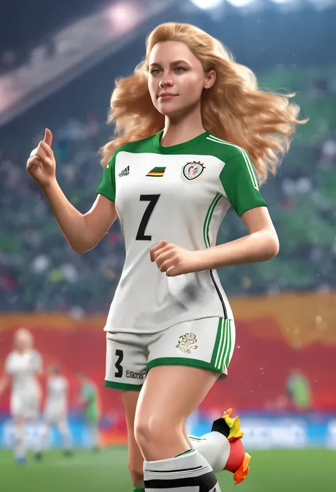 ((full body)), (8K, Best Quality, masterpiece), (Realistic, Photorealsitic), of the highest quality, masterpiece, Beautuful female, adult female, German Female, (((Germany national soccer uniform))), (((green uniform))), (((white short pants)))(((in the so...