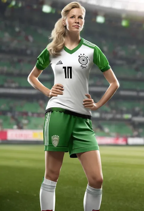 ((full body)), (8K, Best Quality, masterpiece), (Realistic, Photorealsitic), of the highest quality, masterpiece, Beautuful female, adult female, German Female, (((Germany national soccer uniform))), (((green uniform))), (((white short pants)))(((in the so...