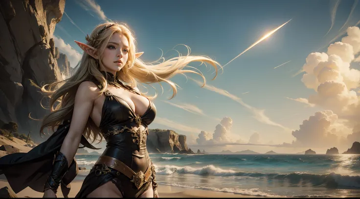 Female elf，Large breasts，upperbody shots，dramatics，dynamicposes，比基尼，The background is sandy beach，magia，Rembrandt light