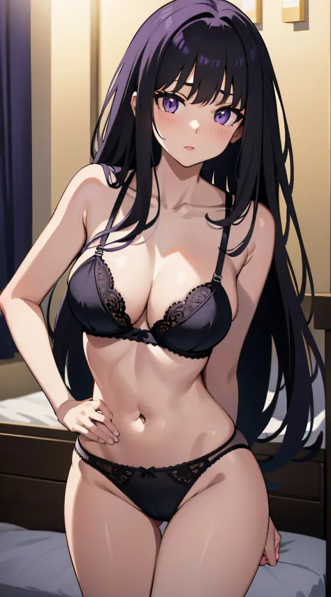 (masterpiece, best quality),Inoue Takina, Long hair, Bangs, Black hair, (Purple eyes:1.2), big breasts, lingerie, bra, panties, indoor, bedroom, dynamic pose