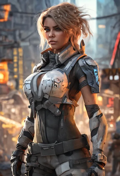 ((best quality)), ((masterpiece)), ((realistic)), (detailed), (photorealistic:1.5), a futuristic girl, (thick body), (white bodysuit), lights on armor, cybernetic headwear, looking at viewer, dynamic pose, post apocalyptic, destroyed city background, build...