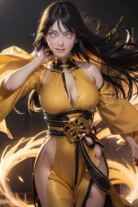 1girl, hyuga hanabi, long hair, sexy dress, black hair, white eyes, smile, beautiful, yellow clothes, very big breast, sexy clothes, indoor wallpaper, wallpaper realistic, wallpaper detail, indoor background, ultra detail, realistic