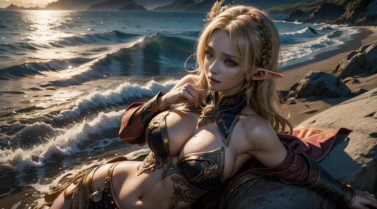 Female elf，Large breasts，upperbody shots，dramatics，dynamicposes，比基尼，The background is sandy beach，magia，Rembrandt light