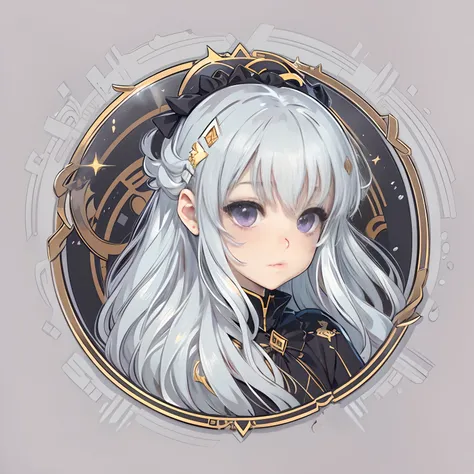 Sticker, Cute anime girl head, long layered silvery white hair,Light purple eyes，pouty，Black dress，Black princess dress，in circle, White background, Gold border，Simple, Ultra detailed, Detailed drawing, vectorised, Silhouette, 8K, professional sticker desi...