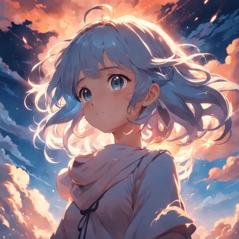 masterpiece, best quality, movie still, 1girl, cloud girl, floating in the sky, close-up, bright, happy, warm soft lighting, sunset, (sparks:0.7)