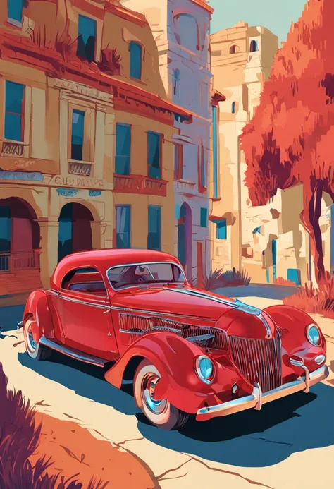 painting of a red car with flames on the front driving down a road, by Rob Alexander, full color digital illustration, classic car, by Craig Thompson, stylized digital illustration, by Randy Gallegos, inspired by the Brothers Hildebrandt, style of tim hild...