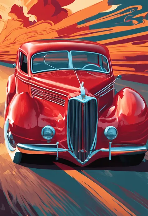 painting of a red car with flames on the front driving down a road, an airbrush painting by Rob Alexander, shutterstock, retrofuturism, full color digital illustration, classic car, stylized digital illustration, style of tim hildebrandt, digital illustrat...