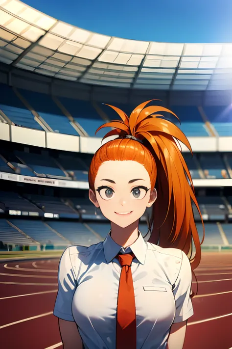 (track and field, stadium:1.2), (rim lighting), (detailed face:1.1), 1girl, solo, smile, captain mizuki, one-punch man, highres, muscular female, breasts, orange hair, upper body, high ponytail, long hair, suit, formal, tie, black suit, white shirt, collar...