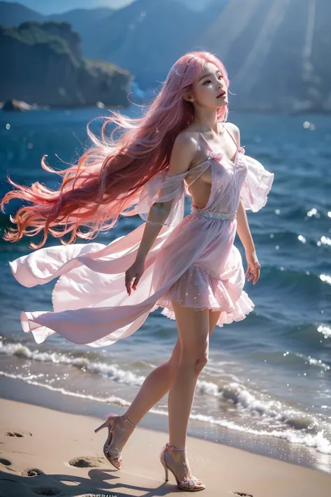 The little lady with long pink hair stands in the scenery of the sea world，It gives a feeling of vitality and femininity。Her long hair was as soft as silk，Delicately draped over her shoulders，Gently dancing with the wind。Every strand of hair exudes a faint...