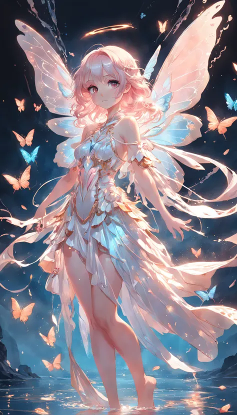 Holy Light Butterfly Angel Girl，Butterfly wings，Chest shooting(mcu)，in the style of rococo pastel hues，light white and light red，Incredibly beautiful，SakuraNS，sparkling water reflections，combine，Flowing，hyper realisitc，painting of a，aethereal，Elsa Burda，El...