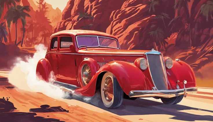 painting of a red car with flames on the front driving down a road, by Rob Alexander, full color digital illustration, classic car, by Craig Thompson, stylized digital illustration, by Randy Gallegos, inspired by the Brothers Hildebrandt, style of tim hild...