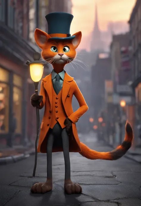 an orange-animated slender cat playing a detective overlooking the streets of Whiskerville. Its evening and foggy. He is wearing detective-style clothes and a fancy walking cane.