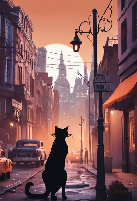 an orange-animated slender cat playing a detective overlooking the streets of Whiskerville. Its evening and foggy. He is wearing detective-style clothes and a fancy walking cane.