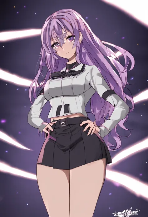 Fergolekou, Raikou, Long hair, Parted bangs, (Purple eyes:1.1), Purple hair, Break the black sailors collar, Black Serafoku, Black shirt, Black skirt, Crop top, crop top overhang, Long skirt, navel, Cord, Sailor collar, school uniform, serafuku, shirt, Sho...