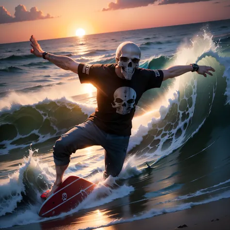 T-shirt design a skull surfing at sunset