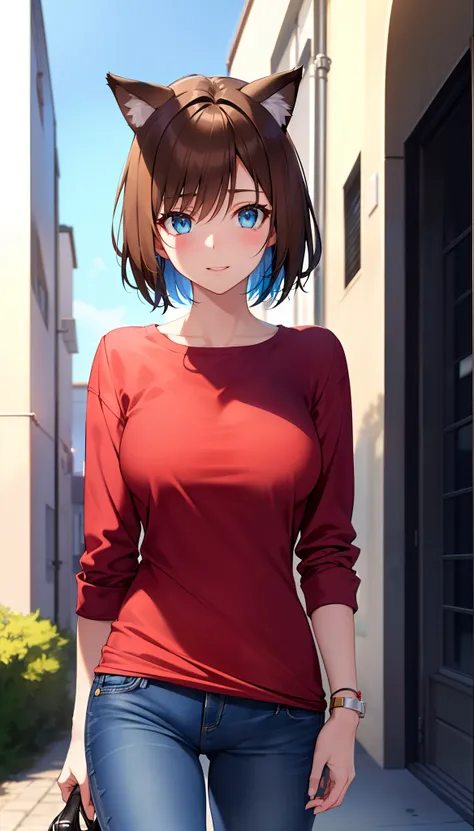 masterpiece ,  a girl with cat ears, on the street , ( lite brown short hair:1.2), (blue eyes:1.2), (red shirt:1.2), (blue jeans:1.4),   (looks at the viewer:1.2) ,

(8k,  best quality 1.2),  ultra-detailed, 8k uhd,
 soft lighting, high quality, film grain...