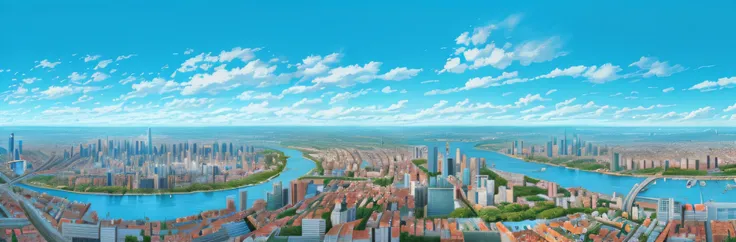 view over city，The river runs through it, entire city in view, day cityscape, Beautiful cityscape, hd anime cityscape, Detailed scenery —width 672, panoramic view of a city, City landscape, expansive detailed layered city, entire city visible, super wide v...