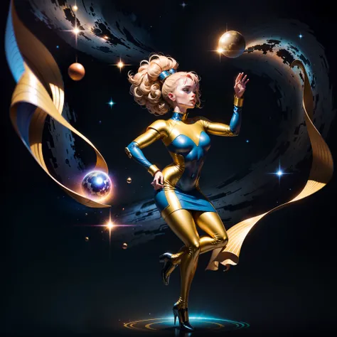 dancing space cadet girl, golden space suit