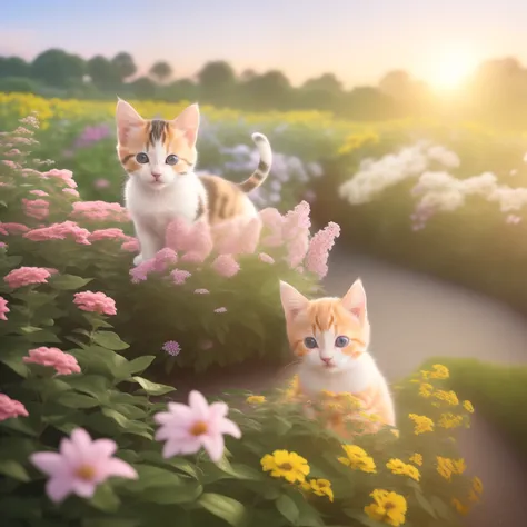 (A hyper-realistic)、(Raw photo)、(illustratio)、(hight resolution)、(8K)、(ighly detailed、（A kitten）、（calico cat）、（1animal）、Drive through the flower garden、Dawn background、Soft lighting from the top right、roundly eyes